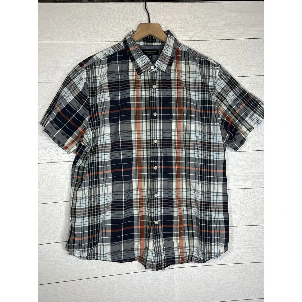 Banana Republic Standard Fit 100% Cotton Orange Blue Plaid Short Sleeve Shirt XL